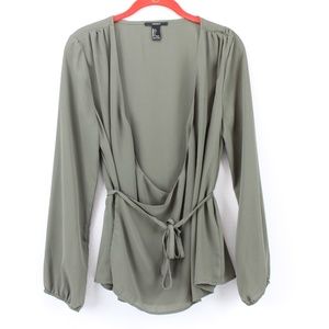 Forever 21 Army Green Sheer Crisscross Blouse Top